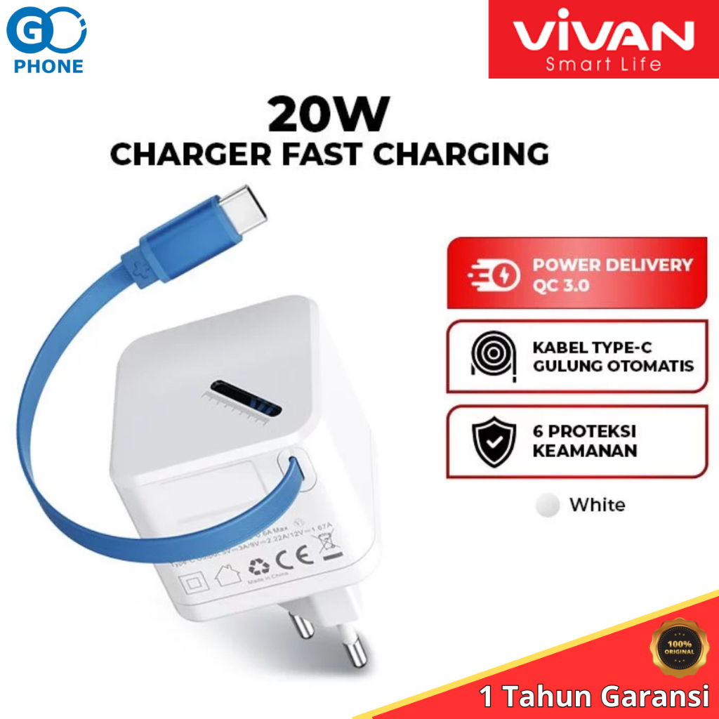 VIVAN Mini Charger Super 4S Integrated Cable Type C 70CM Fast Charging 20W 3A PD QC 3.0