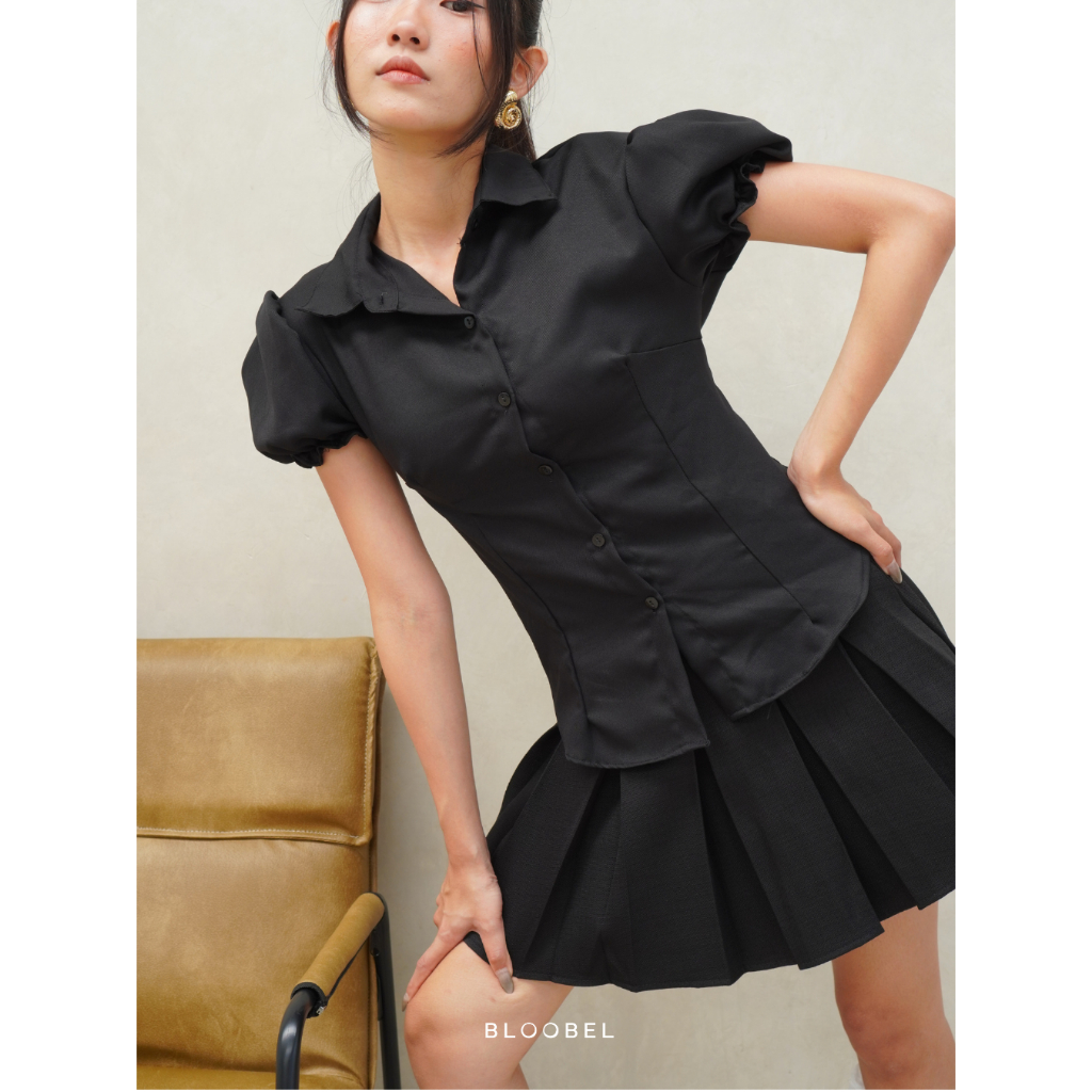 Bloobel - Marlene Top ( BPD170) เสื้อเบลาส์แขนพองผู้หญิงแขนสั้นนัวเนียคอปกสไตล์เกาหลีด้านบน