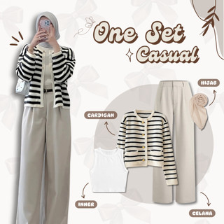 4 IN 1 One Set Casual Style | Jisoo Cardigan Rajut Stripe Putih + Inner Manset Tanktop + Celana Kulot Highwaist Ivory + Hijab Bella Square Polos | Outfit Cantik Santai Hangout Aesthetic Viral UC62