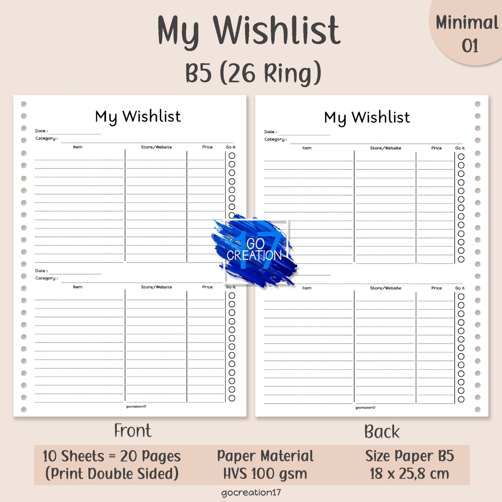 My Wishlist Simple Minimalist B5 Binder Planner Paper