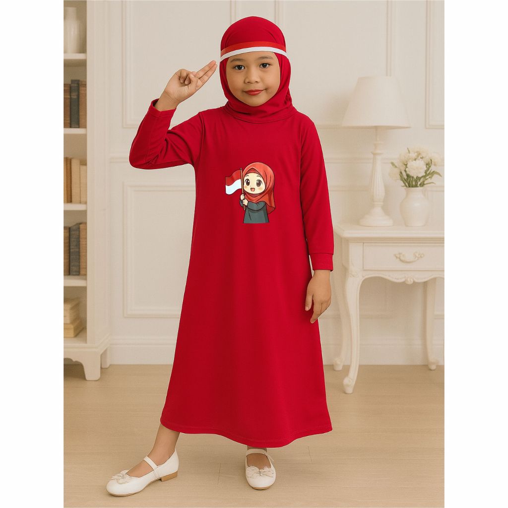 MERAH CKids Girls Gamis DTF Muslimah Edition Hijab ธงสีแดงและสีขาว Happyอินโดนีเซีย