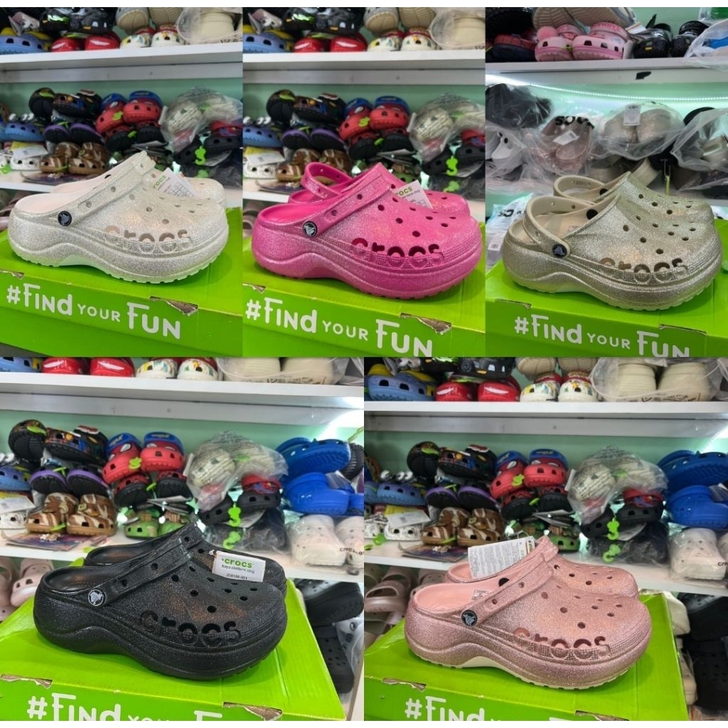 Crocs classic Platform Baya clog ผู้หญิงแวววาว / รองเท้าแตะแพลตฟอร์ม Crocs baya glitter clog ผู้หญิง