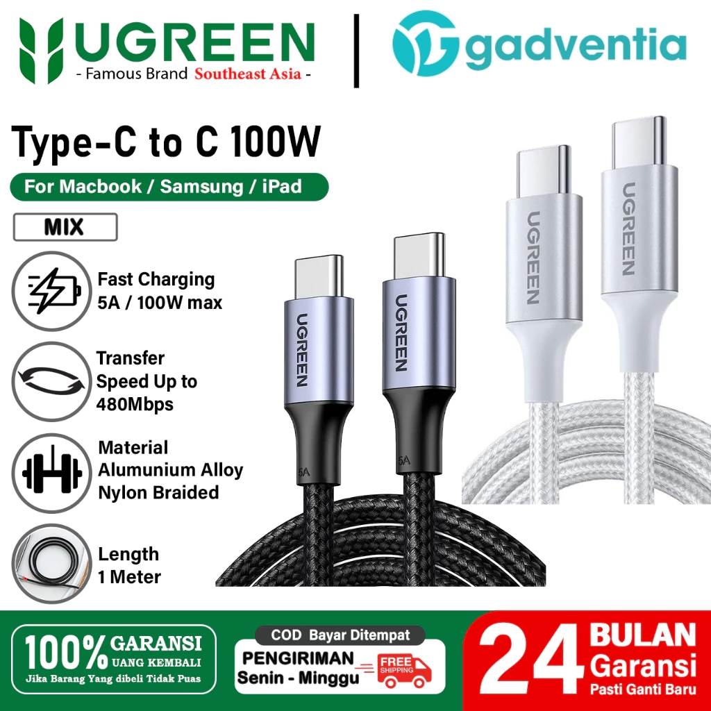 UGREEN สายชาร์จ USB Type C ถึง Type C สายถักไนลอนขนาด 1M 2M PD Fast Charging 100W 60W