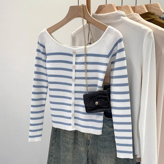 Kaos rajut off-shoulder bergaris biru