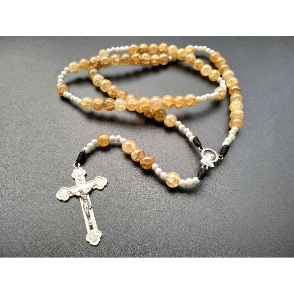 R96 ROSARIO CROSS CONTRACT PEARL SHINE JADE BROKEN MOTIF LUXURY PREMIUM CATHOLIC