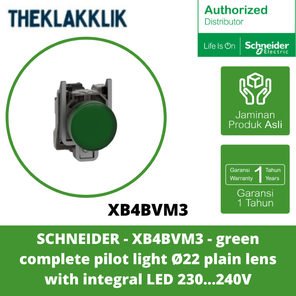 SCHNEIDER - XB4BVM3 - ไฟนักบินครบชุดสีเขียว เลนส์ธรรมดา Ø22 พร้อม integral LED 230...240V