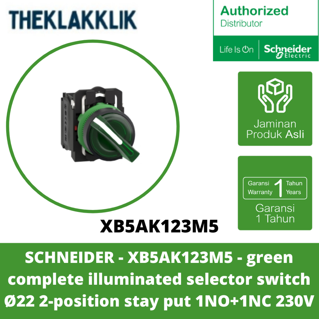 SCHNEIDER - XB5AK123M5 - สวิตช์เลือกเรืองแสงครบชุดสีเขียว Ø22 สเตย์ 2 ตําแหน่ง ใส่ 1NO+1NC 230V