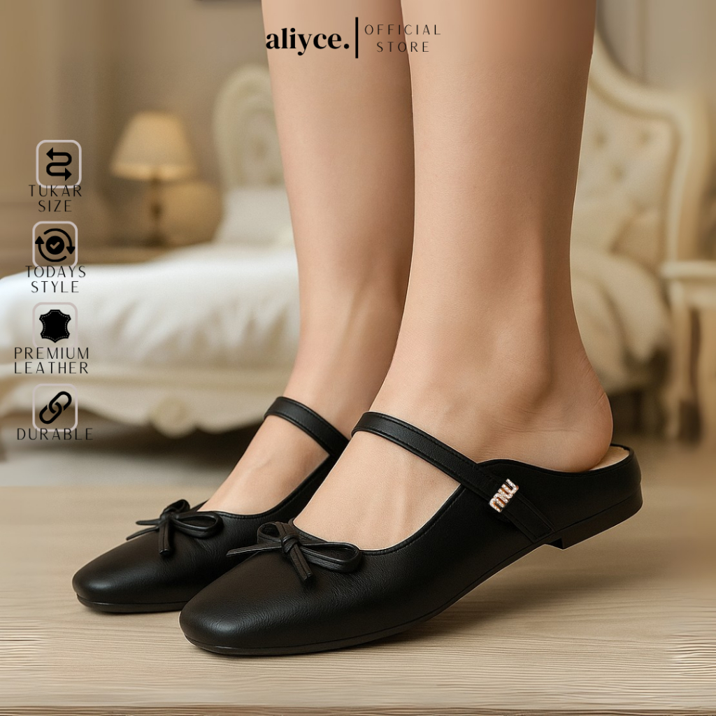 ALAYCE - รองเท้าแตะส้นแบนผู้หญิง Ribbon Ballerina Marry Jane Slip On Bow Shoes