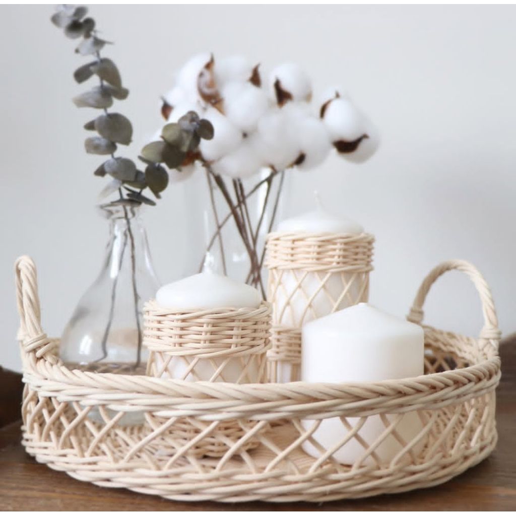 RATTAN BASKET ROUND TRAY WITH MOTIF