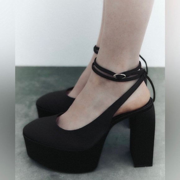 ZARA HIGH HEEL PLATFORM SLINGBACK SHOES สีดํา