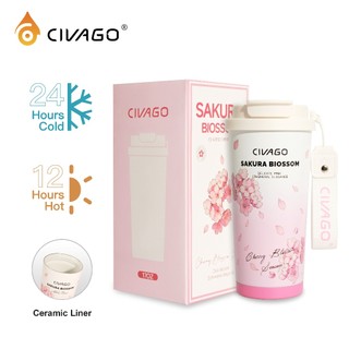 CIVAGO（17oz/502ml）Tumbler Vakum Isolasi dengan Sedotan Cangkir Kopi Keramik Kapasitas Besar Seri Bunga