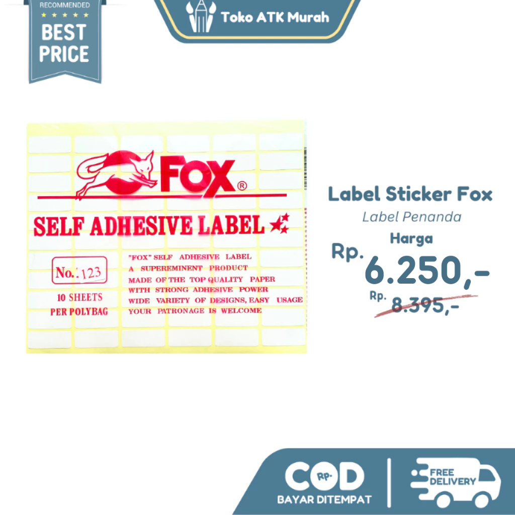 กระดาษสติ๊กเกอร์ Fox / Label No. 123 ขนาด 12 x 30 มม. (สี่เหลี่ยม)