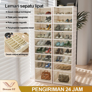 [Tanpa Instalasi]  Dream Street Kotak Sepatu Lipat Rak Sepatu Portabel Lemari Sepatu Rak Sepatu Susun Lipat  Tertutup Bening Lemari Lipat Pintu Magnet/kotak Rak Lipat penyimpanan multifungsi