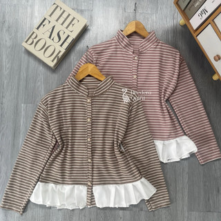 Nayra Stripe Blouse - Atasan Wanita - Motif Garis Lengan Panjang Ruffle Bawah | Blouse Korean Look Kancing Depan | Bahan Knit
