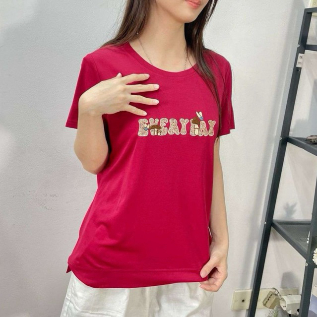 76407 | MAROON BRICK SHORT-SLEEVED STRETCH เสื้อยืด TOP