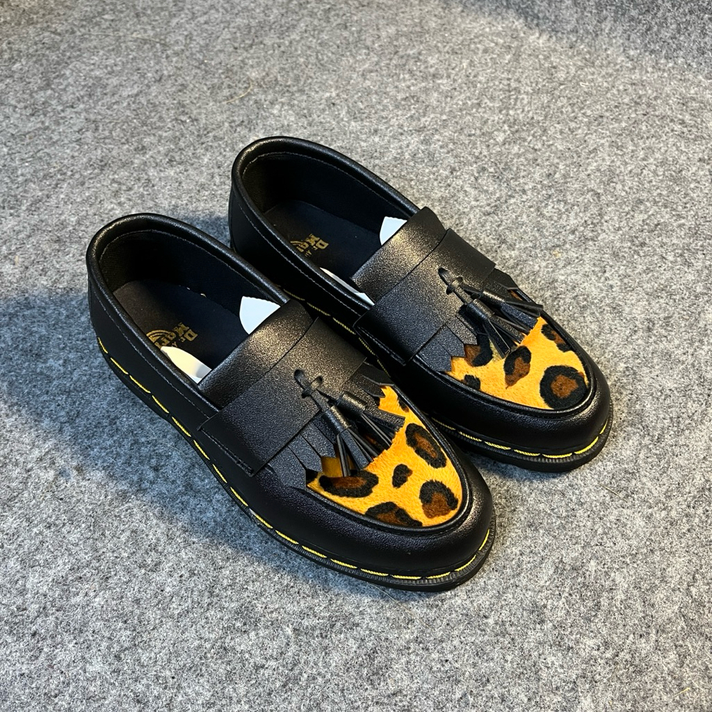 Docmart Penny Loafers Tassel Mens Black Leopard Print รองเท้าโลฟเฟอร์