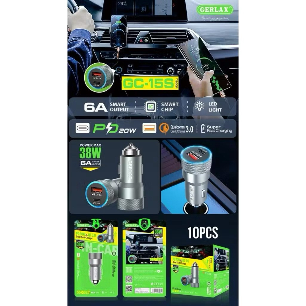 อะแดปเตอร์ Saver ที่ชาร์จแบตในรถ ORIGINAL GERLAX GC-15S โลหะ 6A USB + PD20W LED QC3.0 Quick Charge S