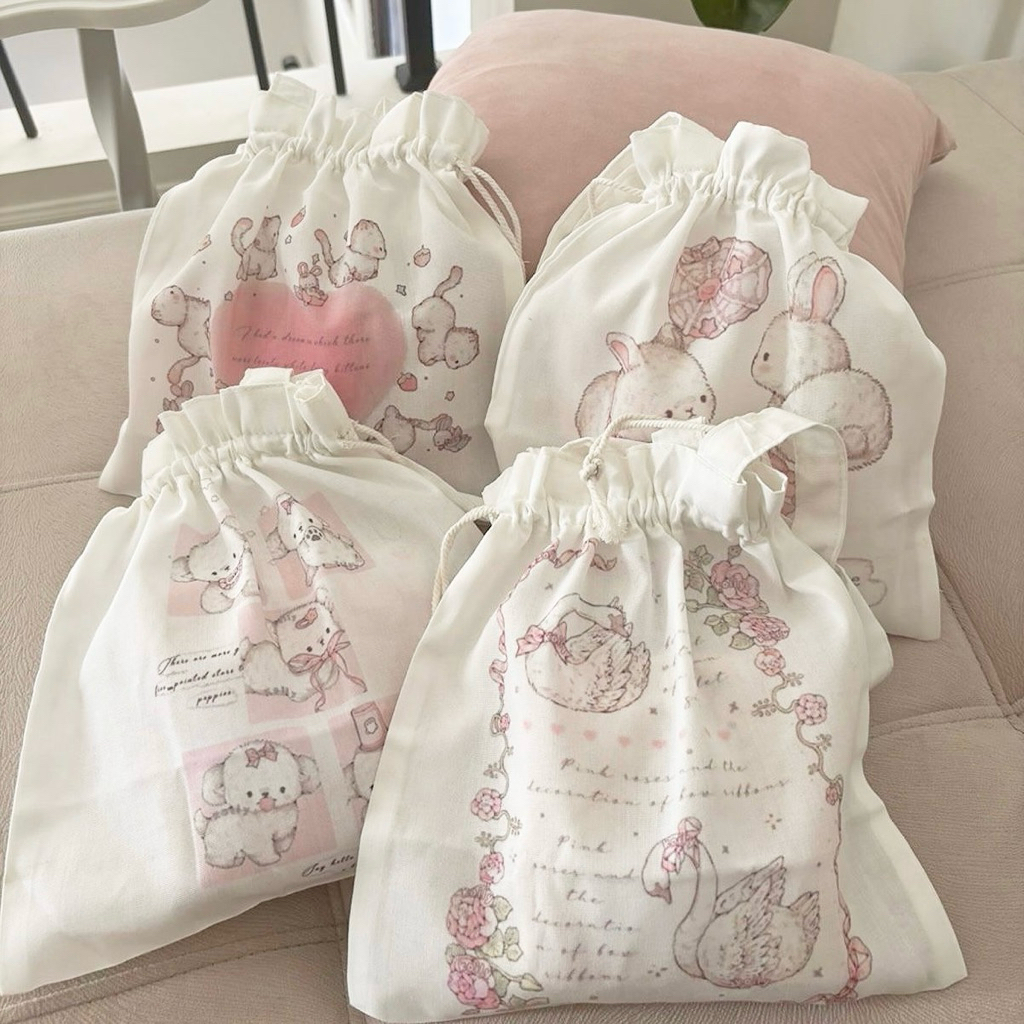 Mocorie - Midelula coquette Drawstring Bag / Mini coquette Ribbon Totebag / Pink Ribbon Mini Drawstr