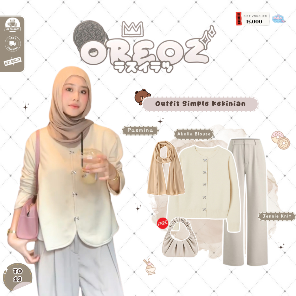TWILLY - One Set White Outfit | Pashmina Ceruty Babydoll Cream, เสื้อ Abelia White, Jennie Knit Ivor