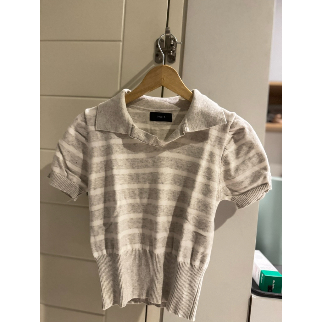 One K K K K Knit Top คอปกผู้หญิง Bangkok Stripe Grey (ใหม่เอี่ยม)