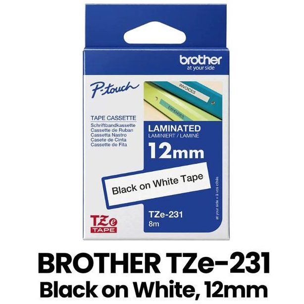 Brother Laminated 12MM สีดําบนป้ายเทปเทปคาสเซ็ตสีขาว TZE-231 tze231