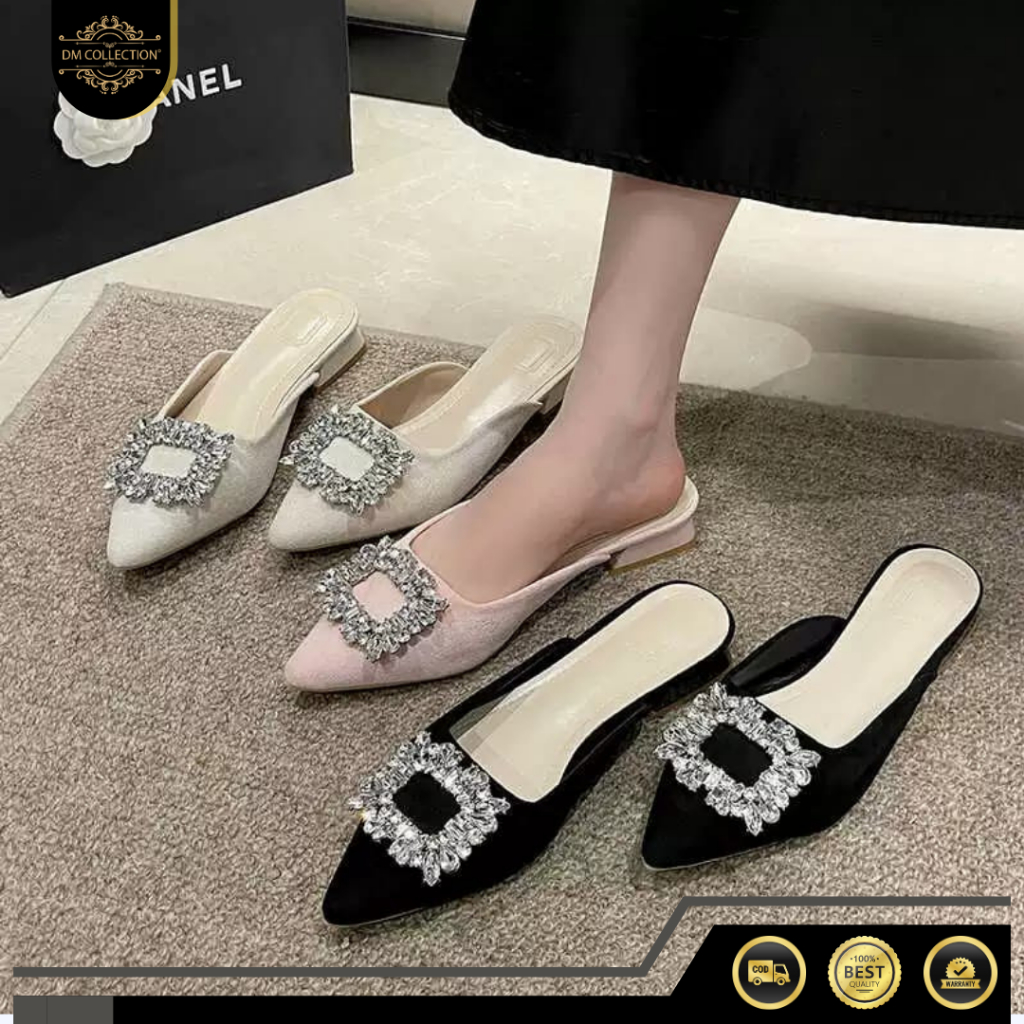DM SHOPP - รองเท้าแตะผู้หญิง 3 ซม.รองเท้าส้นสูงผู้หญิงส้น Pointed Toe Suede Silver Bead Variation PU 01