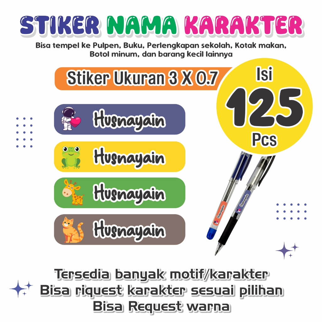 NAME STICKERS, PEN STICKERS, NAME LABELS, PEN LABELS, PEN LABELS, COTENTS 125 ชิ้น