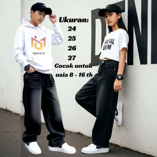 Celana Skena Anak Laki Laki / Perempuan Baggy Jeans Panjang Gombrong Korean Style Usia 8 - 16 Hitam
