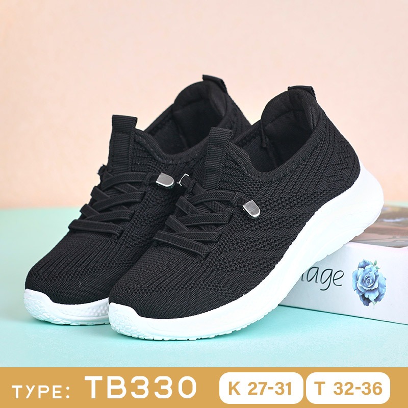 COLLEIN สีดําเด็กรองเท้ารองเท้าผ้าใบถัก Lace-Up สีดําและสีขาว TB330 & TB356 -K&T