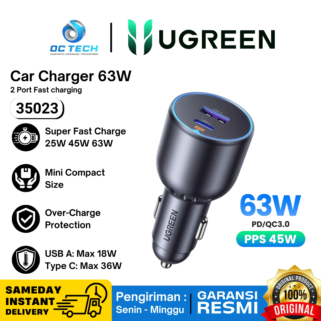 UGREEN Car Charger USB A + Type C PD QC 3.0 Fast Charging 63W 35023 Original Official Warranty