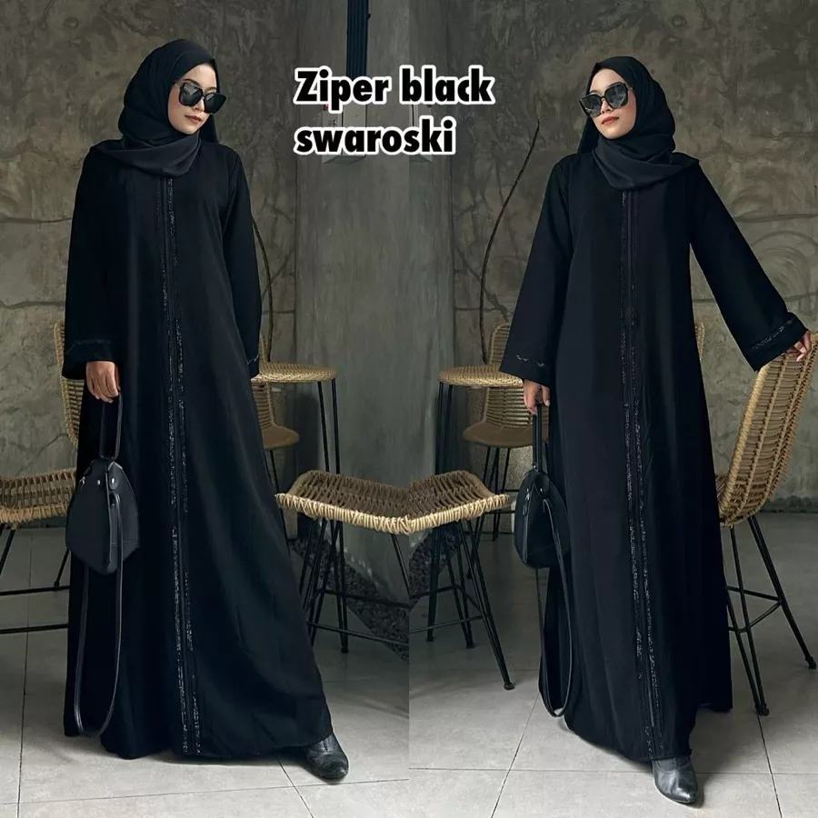 สีดําตุรกี Abaya 2 in 1 ด้านนอก Gamis ชุด Maxi Saudi Arabia เย็บปักถักร้อย Türkiye ดูไบซิป Swarovski