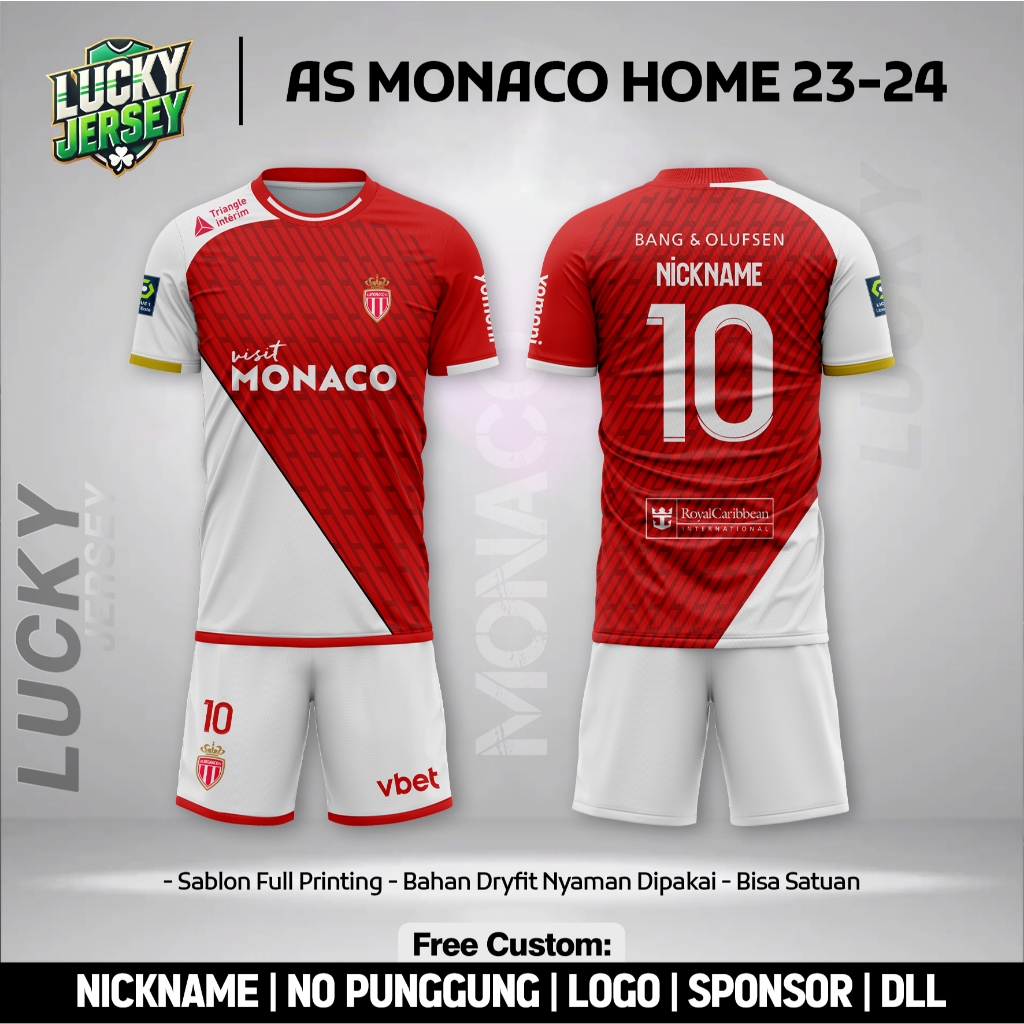 AS Monaco เสื้อฟุตบอล 23 - 24 Lucky Jersey ฟรีหมายเลขชื่อและหลังแบบกําหนดเอง