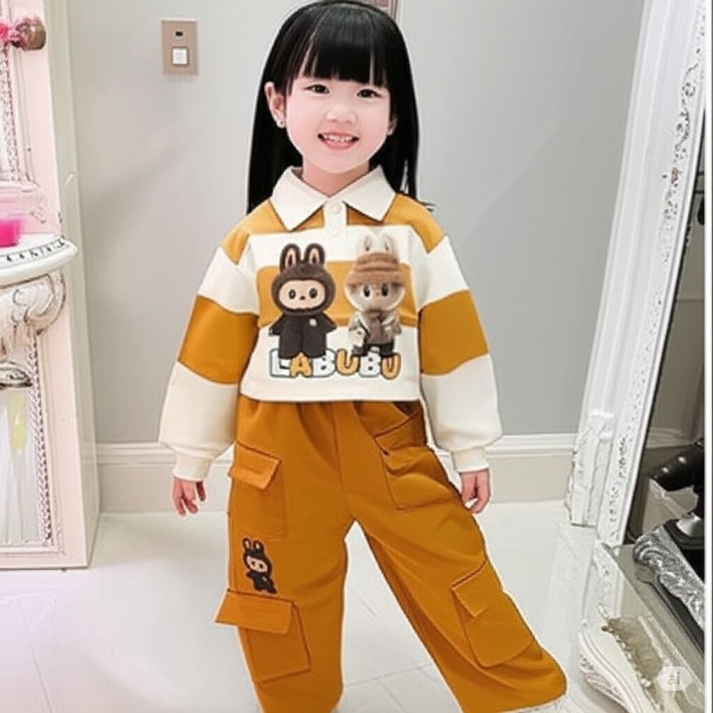 SALWA-Set Labubu Collar Girls // Fashion Cargo Strip CropTop Sweater Set เสื้อและกางเกง // One Set C
