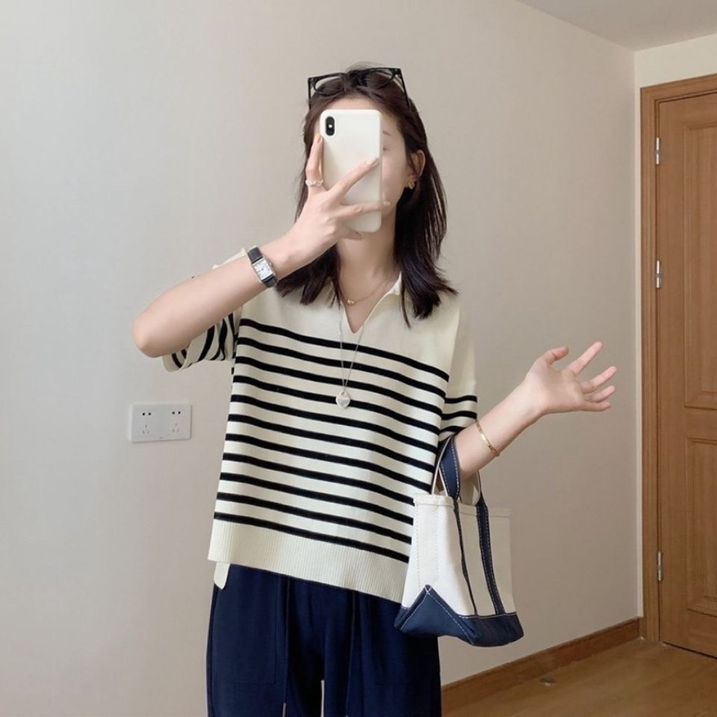 B220 Ouniie Plain Striped Womens Clothing นําเข้าจากเกาหลี