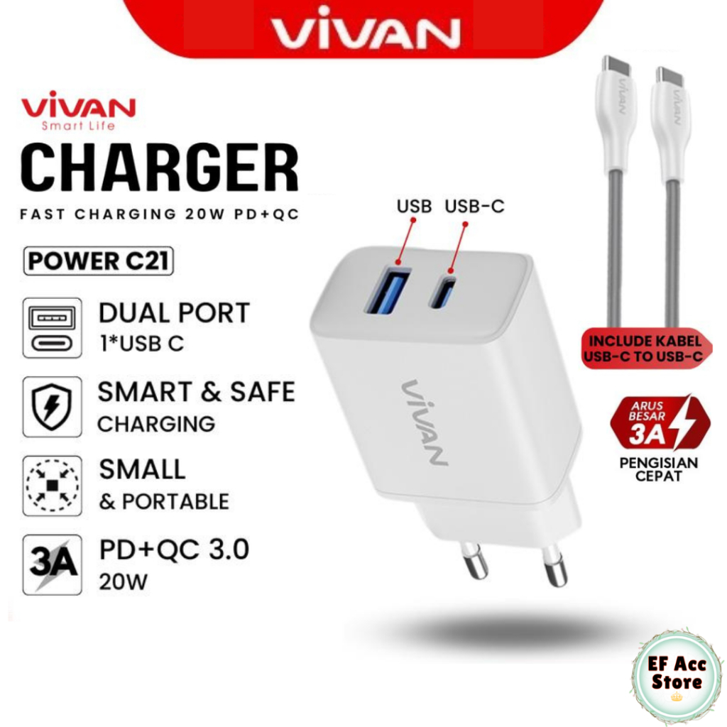 VIVAN POWER C21 CHARGER 3A 20W DUAL PORT TYPE-C & USB-AUDE INCLS TYPE C TO TYPE C PD QC 3.0 TRAVEL A