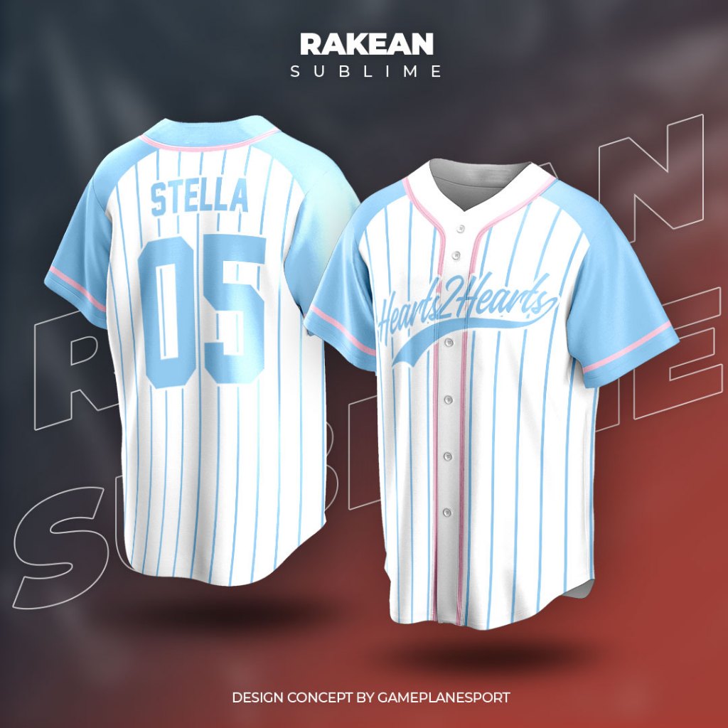 เสื้อยืดผู้ใหญ่เบสบอล Jersey Kpop Hearts2hearts S2U Hachu สีฟ้าสีขาวสีชมพู Fanmade Kpop Vintage Edit