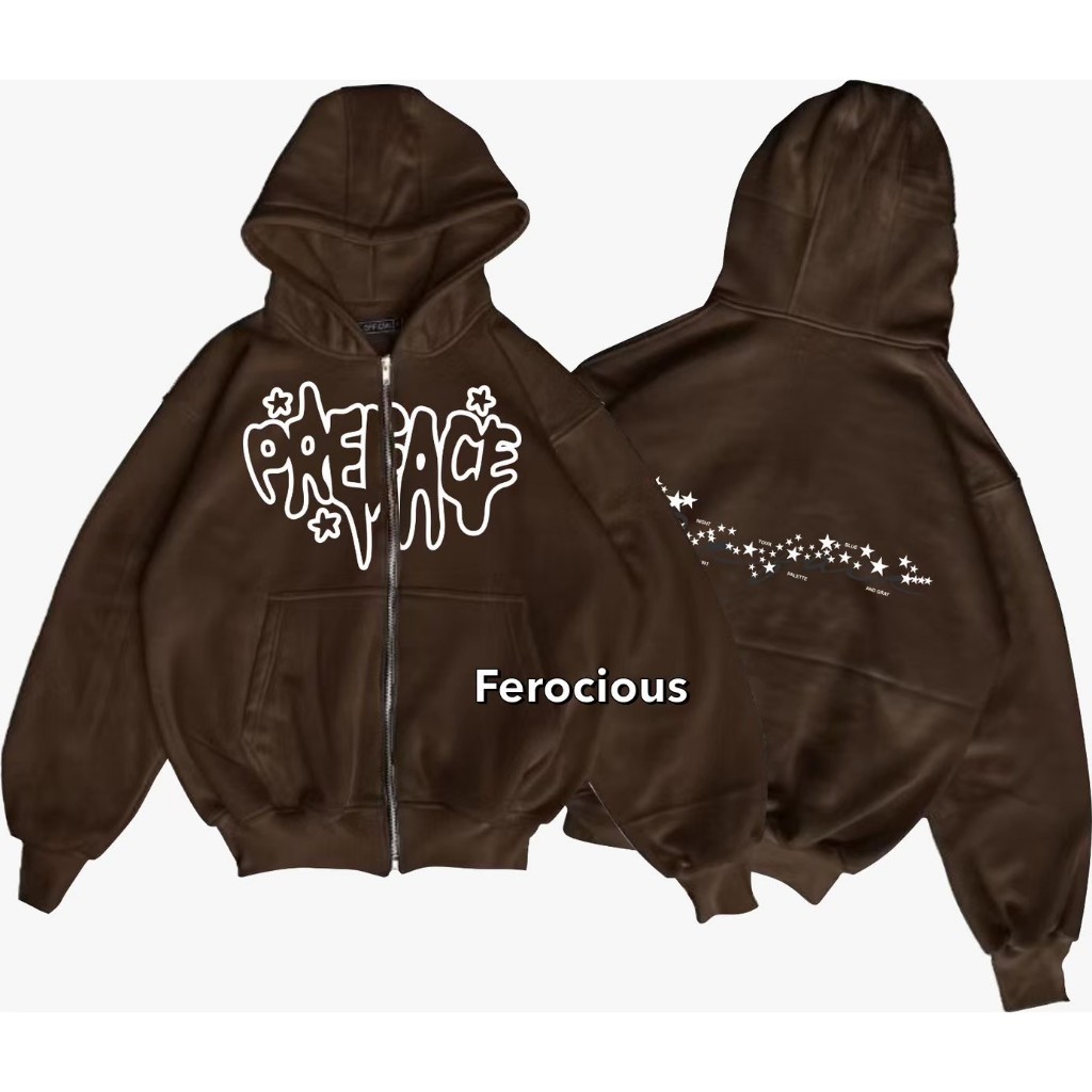 MEZOTIK - Preface Classica Dystonia Hoodie Boxy Zipper Big Logo สีน้ําตาล Vintage ผู้ชายผู้หญิง Unis