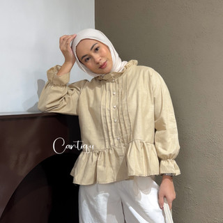 Cantiqu - Tavia Blouse Wanita Kemeja Ruffle Lengan Panjang Bahan Linen