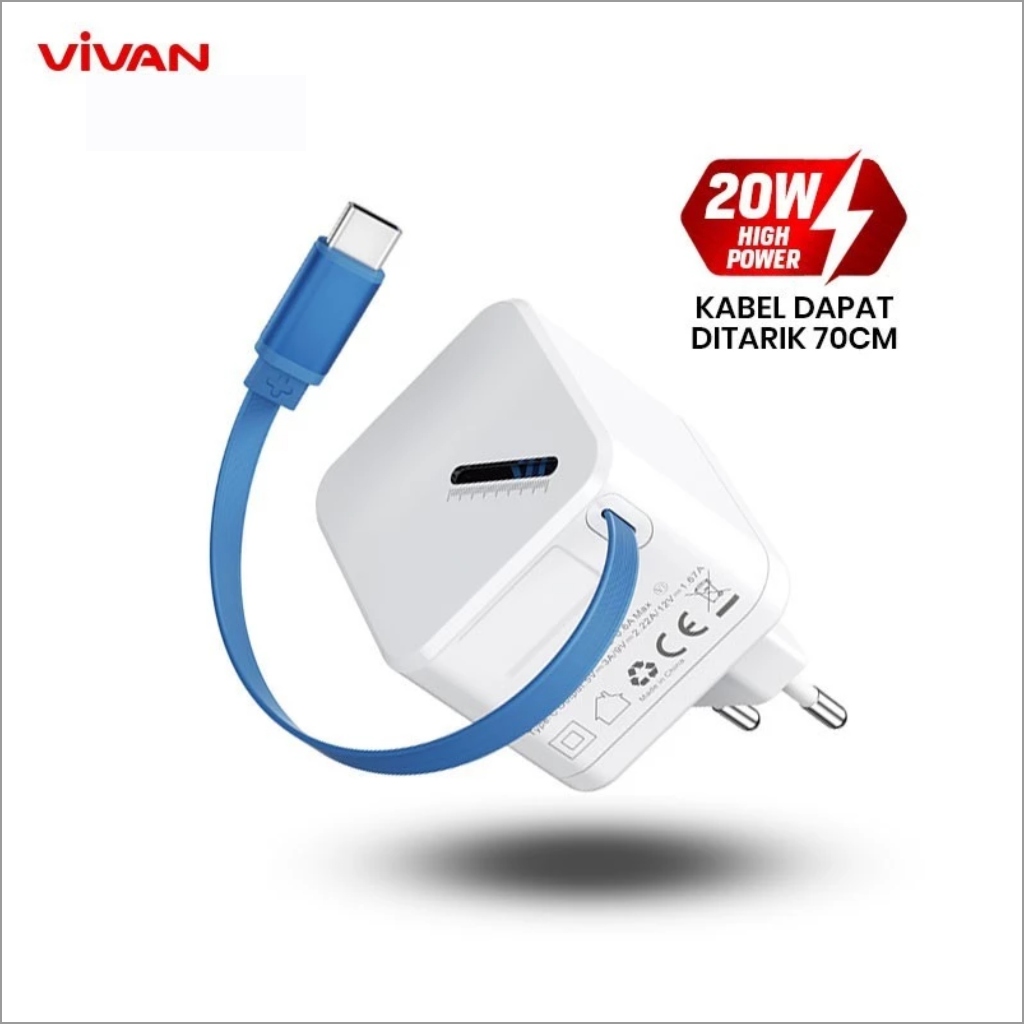 Vivan Mini Charger Super 4S Integrated Cable Type C 70Cm Fast Charging 20W 3A PD QC 3.0