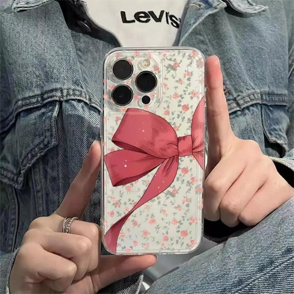เคสคริสตัลโปร่งใสพร้อมริบบิ้นสีชมพู Motif เคสใสสําหรับ Vivo Y100 5G Y75 5G V21 5G V21E V23 5G B031