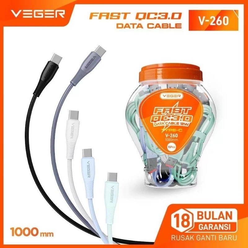 VEGER V-260 TYPE C Fast Charging QC 3.0 12W Data Cable ORIGINAL OFFICIAL GUARANTEEE (1 กระปุก มี 15)