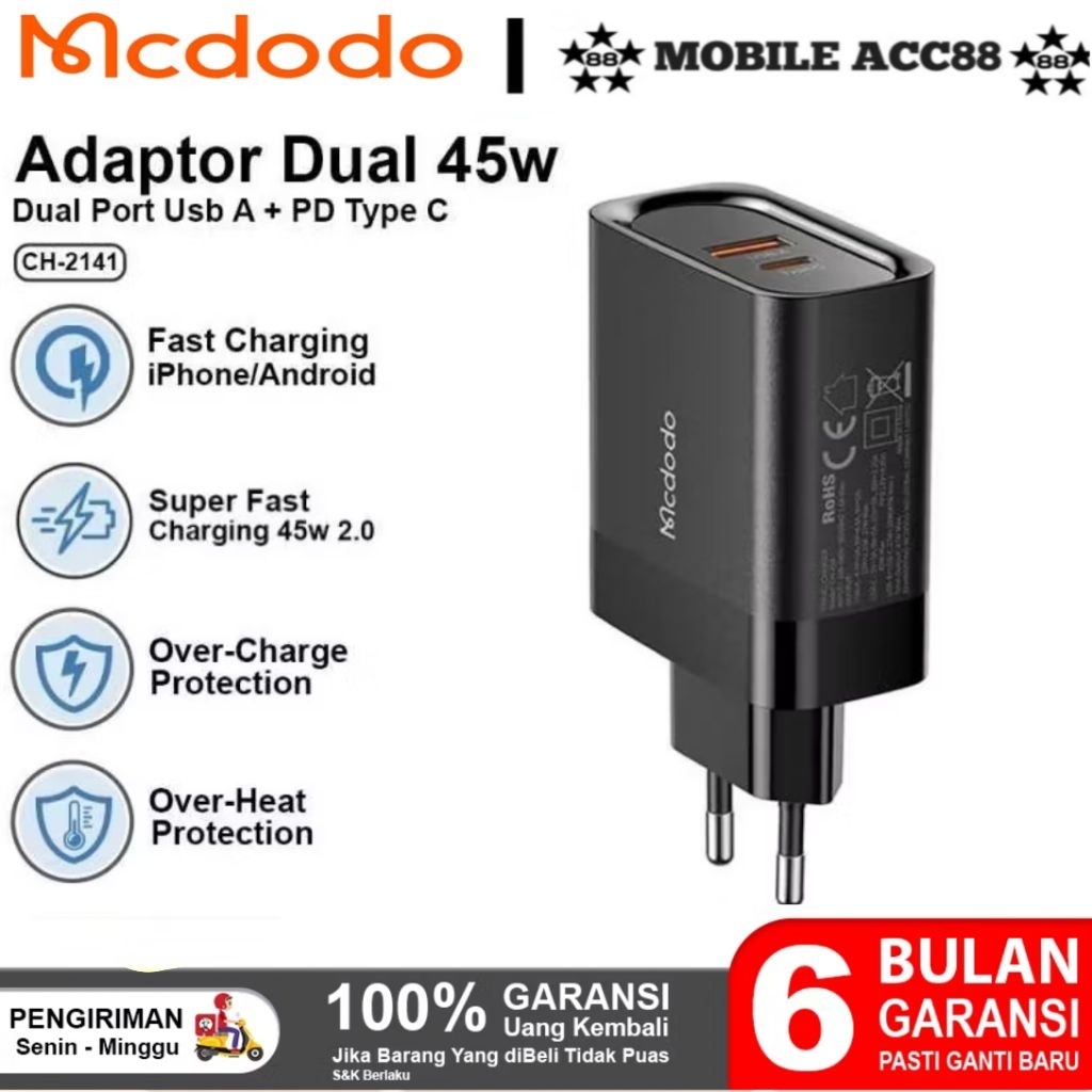 Mcdodo CH-2114 Dual Port Charger Adapter Head Output Fast Charging Type C 46W iphone samsung oppo vi