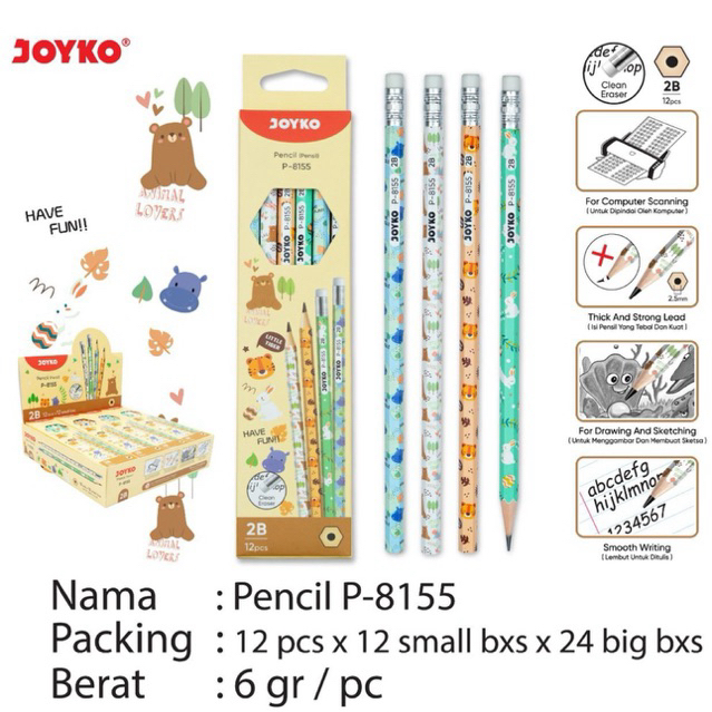 (12 ชิ้น) ดินสอ JOYKO P 8155 2B อ่านการทดสอบคอมพิวเตอร์ / ดินสอเขียนแบบร่างพร้อมยางลบ P-8155 P8155