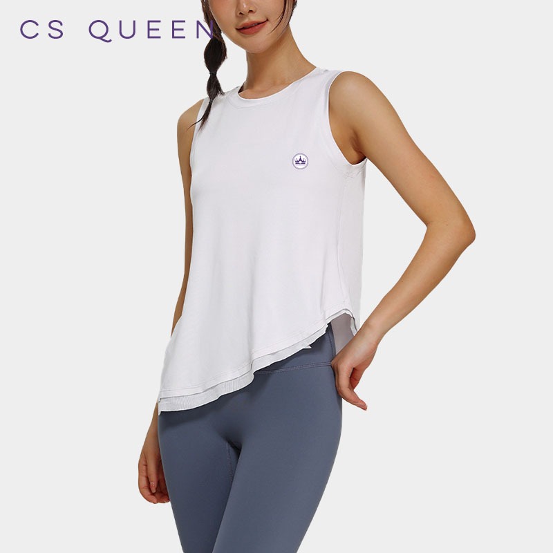 CS QUEEN-เสื้อกล้ามโยคะทรงหลวมสําหรับผู้หญิง - เสื้อกล้ามออกกําลังกายฤดูร้อนผ่าข้างระบายอากาศชุดกีฬา