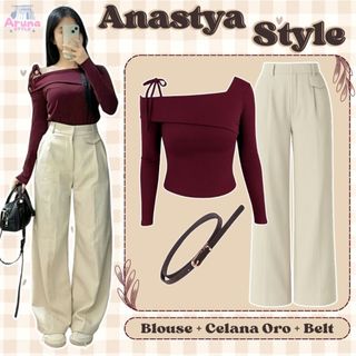 Setelan 3in1 Ala Cewek Korea Casual Hangout Stylish Desain Modis (Sabrina Tali Nyaman, Celana Oro Knit, Belt) One Set Remaja Wanita Kekinian Kece Kuliah Anggun Konser Viral Masa Kini Outfit Set Daily Simple Feminine Look AS5J