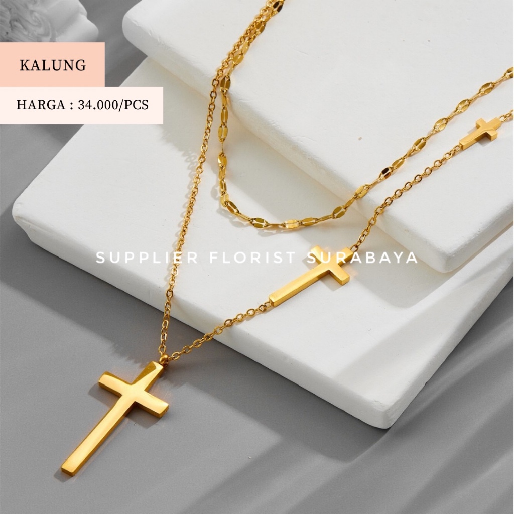 SFS - [TITANIUM NECKLACE] TRIPLE CROSS GOLD CROSS สร้อยคอเครื่องประดับพรีเมี่ยมสําหรับผู้หญิงวันเกิด