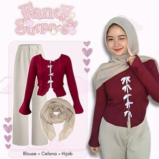 Setelan Wanita 3in1 Leora Set (Blouse Pita, Celana Jennie, Hijab Bella) Outfit Cewek Cute Korean