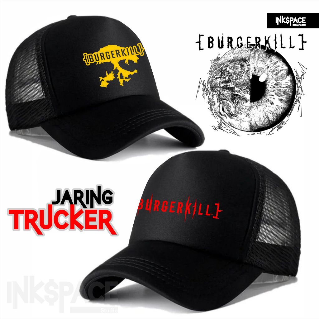 INKSPACE CAPS BURGERKILL BAND METAL Screen พิมพ์ Trucker หมวกสําหรับผู้ใหญ่ผู้ชายและผู้หญิงตาข่ายหนา Lotto วัสดุ