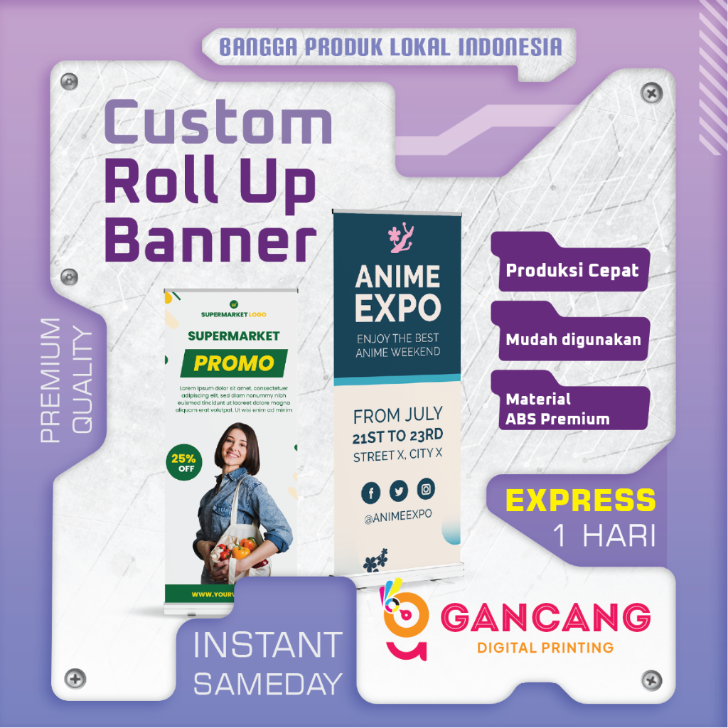 ROLL UP BANNER PRINTING 60X160 / 80X200 CM – PORTABLE, LIGHT, SUITABLE สําหรับ UMKM & EVENT