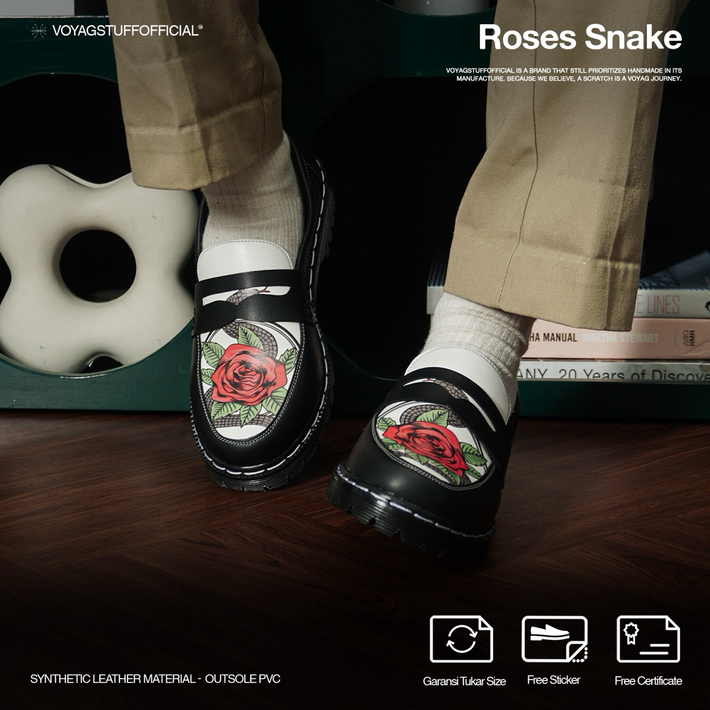 Voyagegstuffofficial - Roses Snake Mens Slip-On Penny Loafers Boots Leather Black